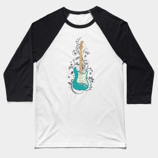 Teal S-Style Electric Guitar Flowering Vines Baseball T-Shirt